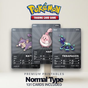 May include: Three Pokémon trading cards featuring Rattata, Happiny, and Terapagos. The cards are grey with character illustrations and stats. The Pokémon logo and text "Normal Type" are at the top and bottom, respectively.