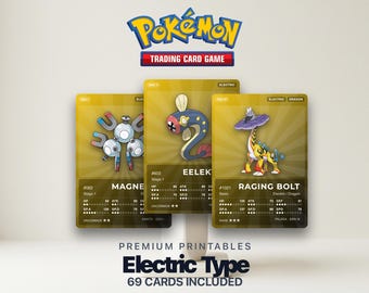 Karty zastępcze Pokémon Pokédex typu elektrycznego | Wszystkie generacje | Wypełniacz segregatora do druku w formacie PDF | A4 i Letter | 300 DPI | ANGIELSKI