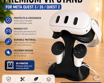 3D Printed VR Headset Stand for Meta Quest 3/3S/2, Controller Holder, Desk Organizer