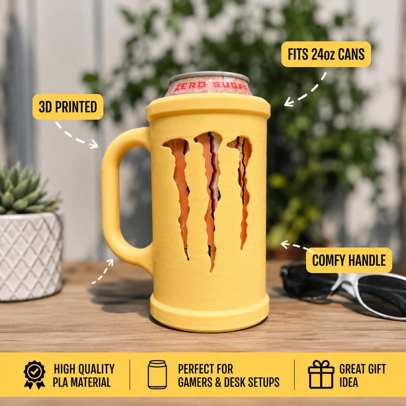May include: A yellow 3D-printed can cooler with a handle, designed to fit 24oz cans. The cooler features three orange claw marks and the text "ZERO SUGAR" on the can. It has a comfy handle and is made of high-quality PLA material.