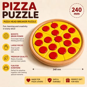 May include: A round pizza-shaped puzzle with a wooden frame, yellow base, and red circular pepperoni pieces. The text PIZZA PUZZLE and PIZZA HEAD BREAKER PUZZLE are visible. The puzzle measures 240 mm in diameter, as indicated by the text on the image.