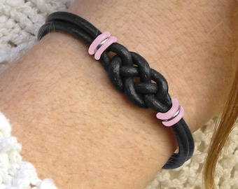 Breast Cancer Survivor Double Knot Leather Bracelet, Cancer Gift Infinity Bracelet, Pink and Black Leather Bracelet for Him or for Her