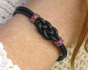 Multiple Myeloma Survivor Bracelet Double Love Knot for Him or Her, Plasma Cell Cancer Kahler's Disease Burgundy and Black Leather Bracelet