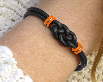 Leukemia Blood Cancer Survivor Bracelet, Black and Orange Double Love Knot Infinity Leather Bracelet, Unisex Cancer Awareness Jewelry Gift