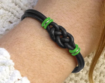 Liver Cancer Survivor Double Celtic Love Knot Bracelet, Hepatic Cancer Green Leather Awareness Bracelet, Infinity Knot Gift for Him or Her