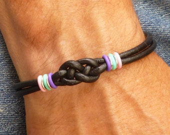 Thyroid Cancer Double Love Knot Hope Bracelet, Awareness Bracelet, Purple, Teal, Pink, and Black Leather Bracelet for Him or for Her