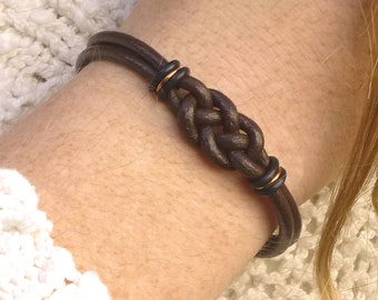Double Love Knot Bracelet, Women's Brown Leather Bracelet, Celtic Jewelry for Her, Copper Infinity Bracelet Gift for Girlfriend