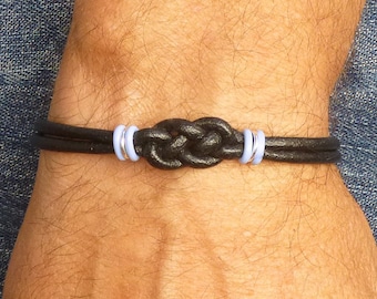 Prostate Cancer Survivor Bracelet, Gender Neutral Double Love Knot Black and Light Blue Leather Solidarity Bracelet, Cancer Support Jewelry