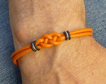 Leukemia Survivor Gift, Blood Cancer Double Love Knot Leather Bracelet for Him or for Her, Orange and Black Wrist Band, Awareness Jewelry