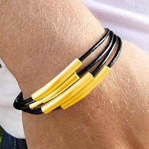 Gift for Mom Black and Gold Bracelet, Multi Strand Bracelet for Her, Gold Tube Beads and Black Leather Bracelet Mother's Day Jewelry Gift