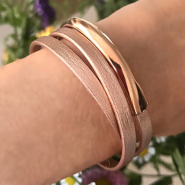 Rose Gold Triple Leather Wrap Bracelet, Metallic Leather Jewelry, Pink Gold Bracelet, Unique Gift for Her