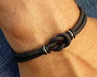 Mens Vegan Leather Love Knot Bracelet, Black Cork Bracelet, Eco Friendly Jewelry Gender Neutral Gift, Celtic Knot Infinity Bracelet