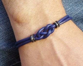 Colon Cancer Awareness Double Love Knot Bracelet, Dark Blue Leather Band for Him or for Her, Celtic Jewelry Colorectal Cancer Support Gift