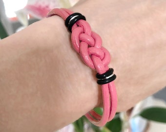 Breast Cancer Awareness Double Love Knot Pink Leather Bracelet, Cancer Patient Survivor Infinity Jewelry Gift for Her, Friendship Band