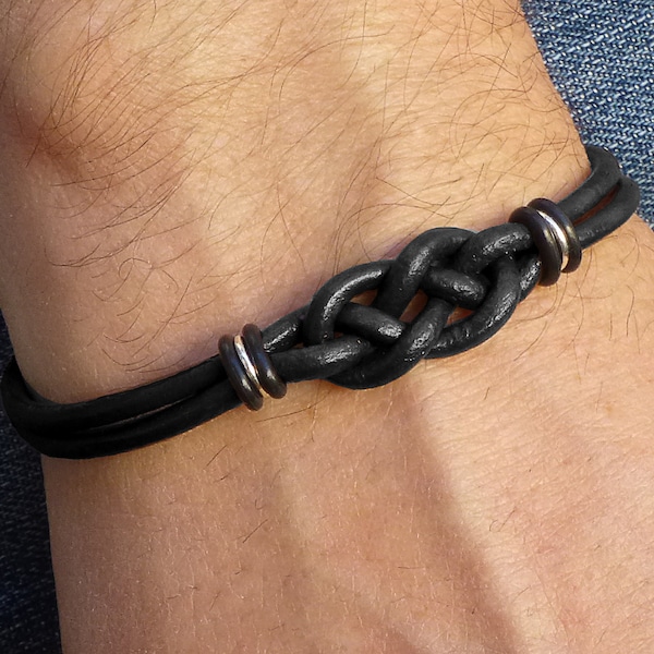 Mens Black Leather Double Infinity Knot Bracelet, Mens Celtic Jewelry Black Bracelet, His Love Knot Bracelet, Friendship Bracelet