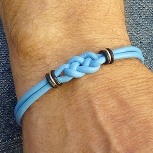 Prostate Cancer Awareness Double Love Knot Bracelet, Light Blue Leather Bracelet for Him or for Her, Celtic Jewelry Cancer Awareness Gift