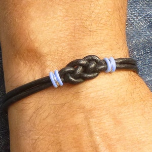 Mens Prostate Cancer Double Love Knot Bracelet, His Cancer Awareness Blue and Black Leather Jewelry, Cancer Solidarity Gift for Him or Her