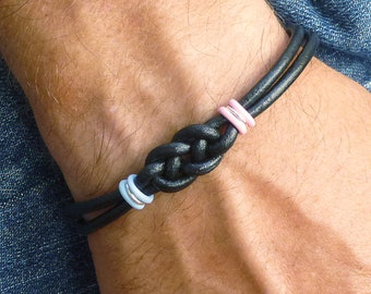 Personalized Cancer Awareness DOUBLE Knot Bracelet with Cancer Ribbons, Black Leather Celtic Knot Bracelet for Him or Her, Solidarity Gift