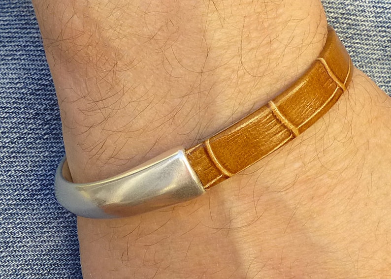 Unique Mens Leather Cuff Bracelet With Silver Magnetic Clasp - Designer Leather Cuff Bracelet Mens Unique Mens Leather Cuff Bracelet With Silver Magnetic Clasp - Designer Leather Cuff Bracelet Mens