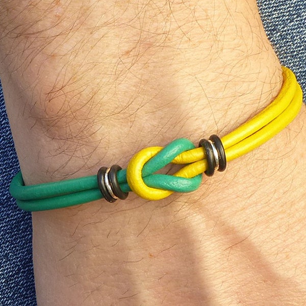 Sports Fan Bracelet, Green and Yellow Duckie's Love Knot Leather Bracelet, Unisex Celtic Infinity Friendship Bracelet, Eugene Oregon Loyalty