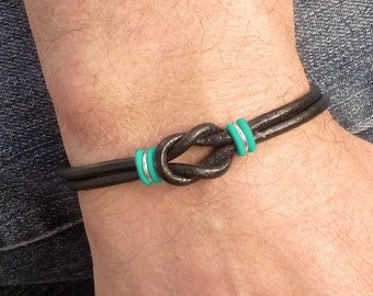 Mens Ovarian Cancer Awareness Bracelet, Ovary Cancer Infinity Bracelet for Him or for Her, Teal and Black Leather Bracelet, Celtic Knot