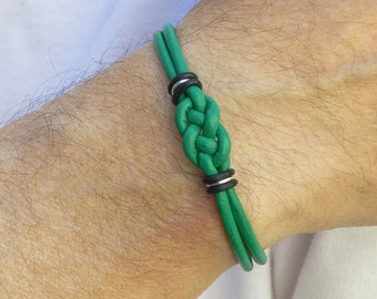 Liver Cancer Survivor Double Love Knot Green Leather Bracelet, Meaningful Solidarity Gift, Green Black Ribbon Bracelet for Him or for Her