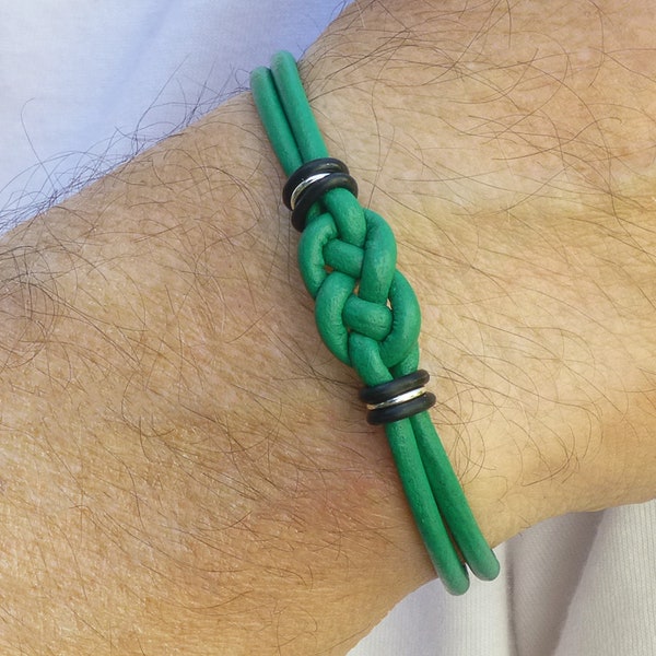 Liver Cancer Survivor Double Love Knot Green Leather Bracelet, Meaningful Solidarity Gift, Green Black Ribbon Bracelet for Him or for Her