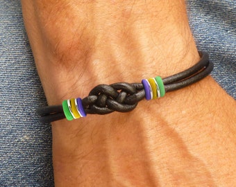 Mardi Gras Jewelry Double Love Knot Black Leather Bracelet, Purple Gold Green New Orleans Infinity Bracelet, His or Hers Fat Tuesday Gift