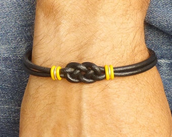 Double Love Knot Sarcoma Bone Cancer Awareness Bracelet, Yellow and Black Leather Bracelet for Him or for Her, Sarcoma Survivor Jewelry Gift