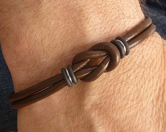 Unisex Brown Celtic Leather Bracelet with Silver Magnetic Clasp, Handmade Minimalist Infinity Love Knot Jewelry for Everyday Wear