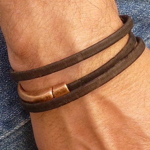 Vegan Triple Wrap Bracelet, Brown Copper Half Cuff, Eco Friendly Portuguese Cork Leather Jewelry, Cruelty Free Gift for Him