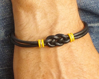 Sarcoma Bone Cancer Survivor Double Love Knot Bracelet, Yellow Ribbon Black Leather Bracelet Gift for Him or Gift for Her, Cancer Jewelry