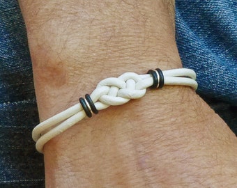 Double White Love Knot Bracelet, Celtic Knot Leather Bracelet, Infinity Bracelet, Meaningful Gift for Him or for Her, Gender Neutral Jewelry