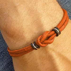 Burnt Orange Vegan Love Knot Bracelet, Eco Friendly Celtic Cork Jewelry Gift,  Deep Orange Red Wrist Band Gift for Him or for Her