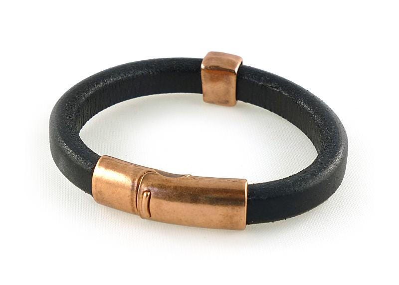 Black Leather Cuff Bracelet Mens Copper Bracelet Black | Etsy