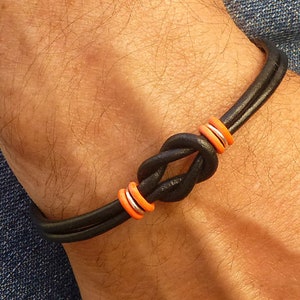 Mens Leukemia Awareness Bracelet, Blood Cancer Infinity Bracelet for Him or for Her, Orange and Black Leather Bracelet, Cancer Solidarity