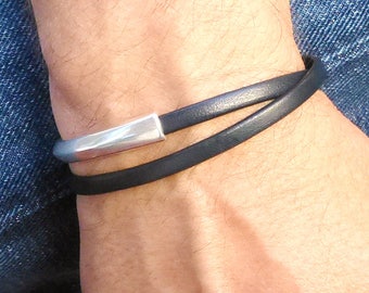 Navy Blue Leather Wrap Bracelet for Men, Thin Cuff Bracelet with Silver Magnetic Clasp, Lightweight Jewelry for Him