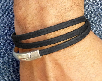 Vegan Leather Bracelet for Men, Black Wrap Bracelet, Triple Wrap Bracelet, Eco Friendly Jewelry for Men, Magnetic Clasp Bracelet, Vegan Cuff