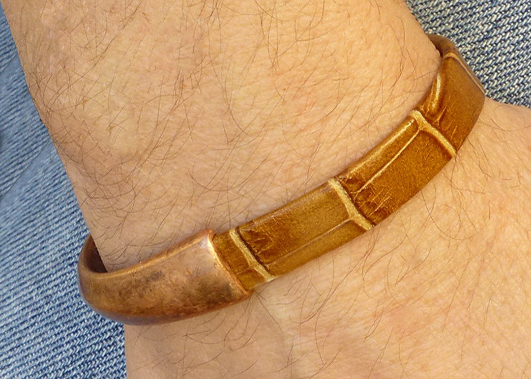 Mens Copper Cuff Bracelet, Textured Leather Bracelet, Unique Copper