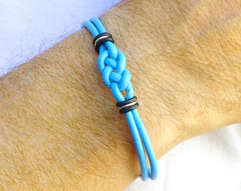 Prostate Cancer Patient Gift, Double Love Knot Awareness Bracelet, Light Blue Leather Solidarity Bracelet for Him or for Her, Survivor Gift