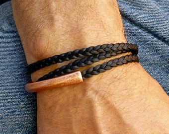 Black Braided Leather Triple Wrap Bracelet with Copper Magnetic Clasp, Mens Half Cuff Bracelet, Triple Wrap Around Copper Bracelet for Men