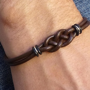 Double Knot Bracelet for Him, Mens Brown Leather Bracelet, Celtic Love Knot Bracelet, Unisex Celtic Jewelry, Leather and Silver Bracelet