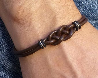 Double Knot Bracelet for Him, Mens Brown Leather Bracelet, Celtic Love Knot Bracelet, Unisex Celtic Jewelry, Leather and Silver Bracelet