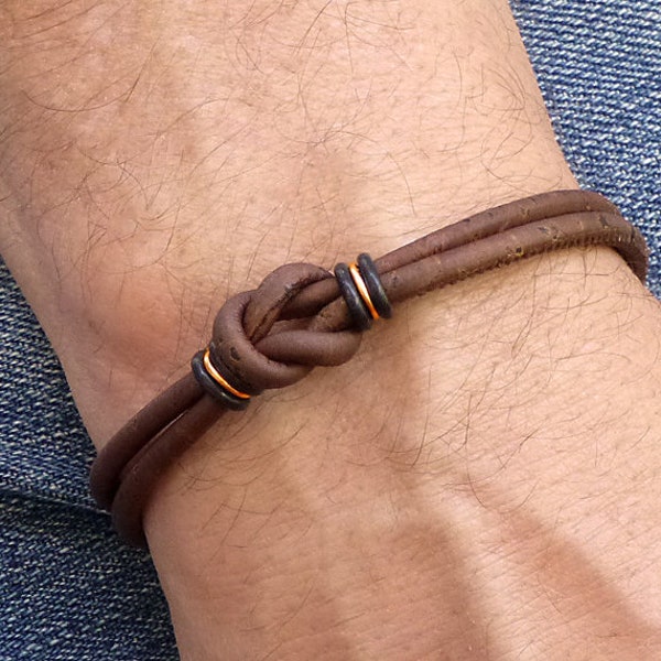 Eco Friendly Jewelry, Brown Love Knot Mens Vegan Leather Bracelet, Copper Infinity Bracelet, Cork Cord Bracelet, Minimalist Vegan Jewelry