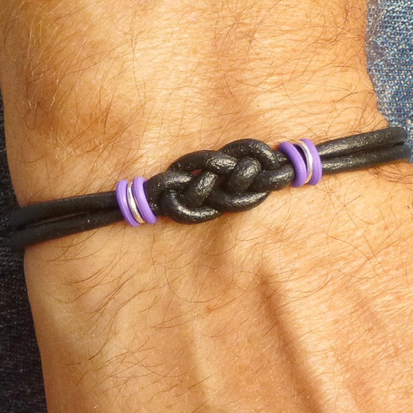 Double Knot Pancreatic Cancer Awareness Bracelet, Cancer Gift Infinity Bracelet, Purple and Black Leather Bracelet for Him or for Her