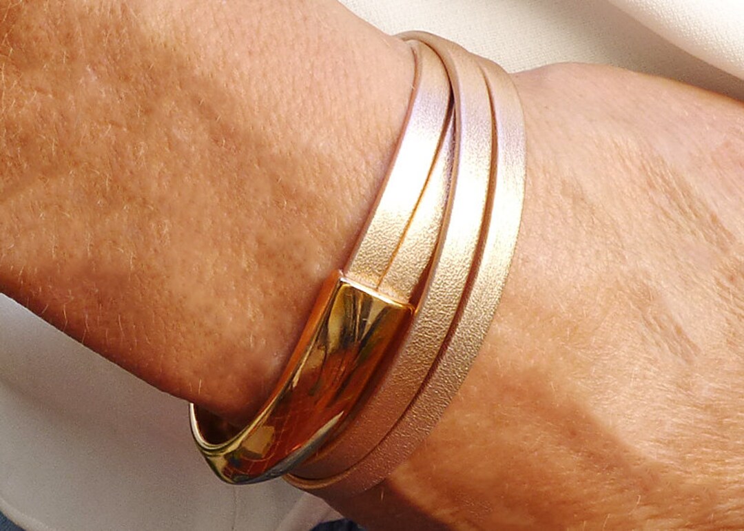 Rose Gold Bracelet Cuff, Wrap Around Metallic Leather Bracelet, Pink