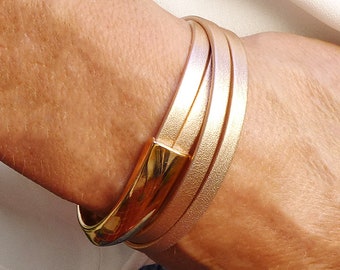 Rose Gold Bracelet Cuff, Wrap Around Metallic Leather Bracelet, Pink Gold Leather Wrap Bracelet, Wedding Jewelry, Magnetic Clasp Half Cuff