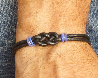 Colon Cancer Double Love Knot Blue Ribbon Survivor Bracelet, Colorectal Jewelry Gift for Him or for Her, Blue and Black Leather Wrist Band