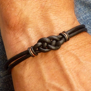Black Leather Men&#39;s Double Love Knot Bracelet with Copper Clasp, Husband Gift, Boyfriend Gift, Gift for Son, Meaningful Gift for Him