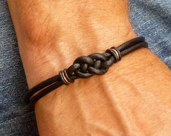 Mens Double Love Knot Black Leather Bracelet, Celtic Infinity Copper Bracelet, Friendship Bracelet, Eternity Leather Band, Boyfriend Gift